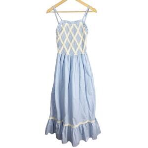 Christy Dawn The Noelle Smocked Cottagecore Midi Dress Blue Size XS